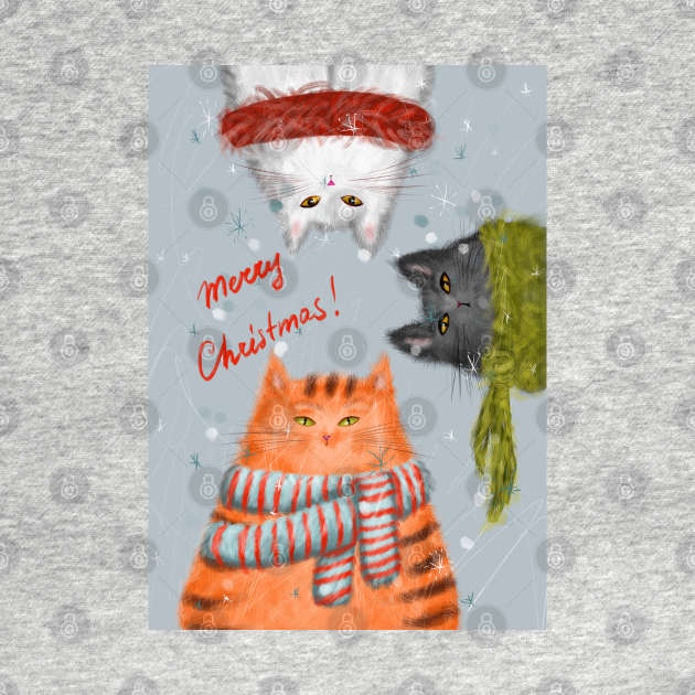 Merry Christmas greeting winter card with cute fluffy cats in red Santa hats and scarves. by Olena Tyshchenko